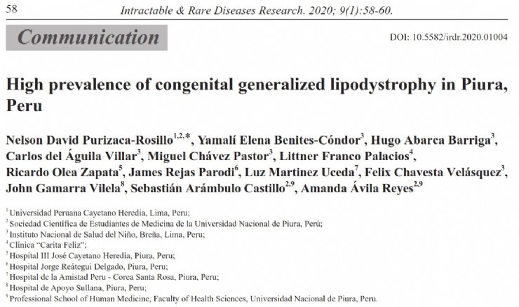 A descriptive and observational study is published which determines the high prevalence of generalized congenital lipodystrophy in the region of Piura (Peru)