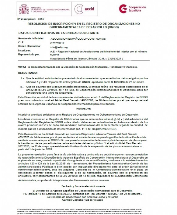 AELIP ist bereits im Register der Nichtregierungsorganisationen für Entwicklung (NGDOs) der spanischen Agentur für internationale Entwicklungszusammenarbeit (AECID) eingetragen