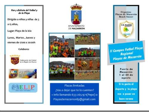 Del 1 al 20 de agosto se celebrará el II Campus de Fútbol Playa Regional en la playa de la Isla de Puerto de Mazarrón, a beneficio de AELIP
