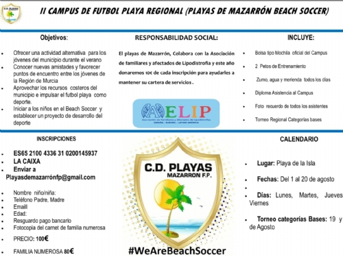 Del 1 al 20 de agosto se celebrará el II Campus de Fútbol Playa Regional en la playa de la Isla de Puerto de Mazarrón, a beneficio de AELIP