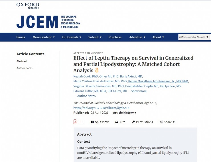 Un estudio publicado en The Journal of Clinical Endocrinology & Metabolism (JCEM) demuestra Efecto del tratamiento con leptina en la supervivencia de la lipodistrofia generalizada y parcial