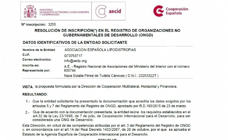 AELIP ya figura como inscrita en el registro de Organizaciones No Gubernamentales de Desarrollo (ONGD) de la Agencia Española de Cooperación Internacional para el Desarrollo (AECID)