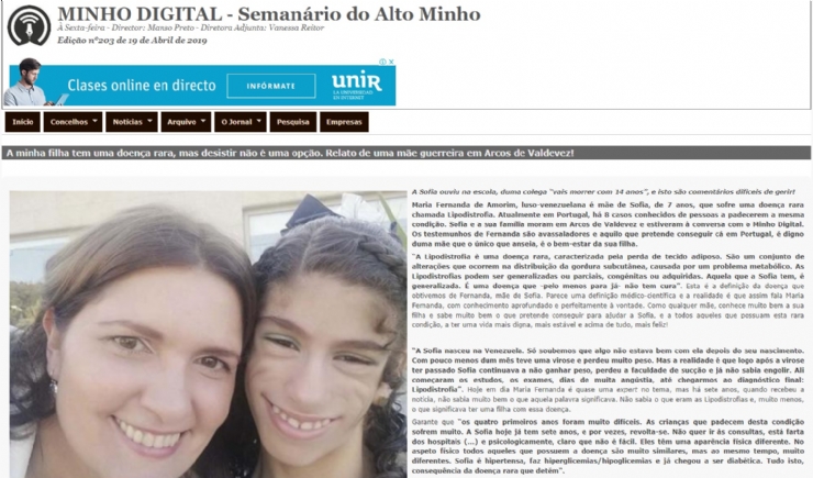 La delegada de AELIP en Portugal, María Fernanda de Amorim, madre de una niña con lipodistrofia, cuenta en una entrevista en un semanario digital portugués lo que supone convivir con esta patología