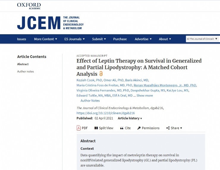 Um estudo publicado no The Journal of Clinical Endocrinology & Metabolism (JCEM) demonstra o efeito do tratamento com leptina na sobrevivência em lipodistrofia generalizada e parcial.