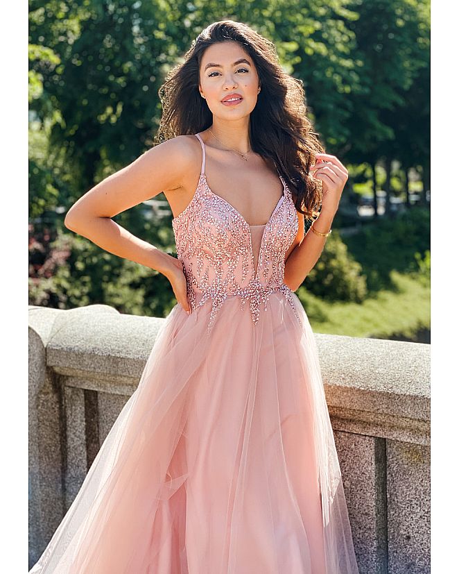 vestido largo estilo princesa bordado pedrería rosa nude  - Foto 1