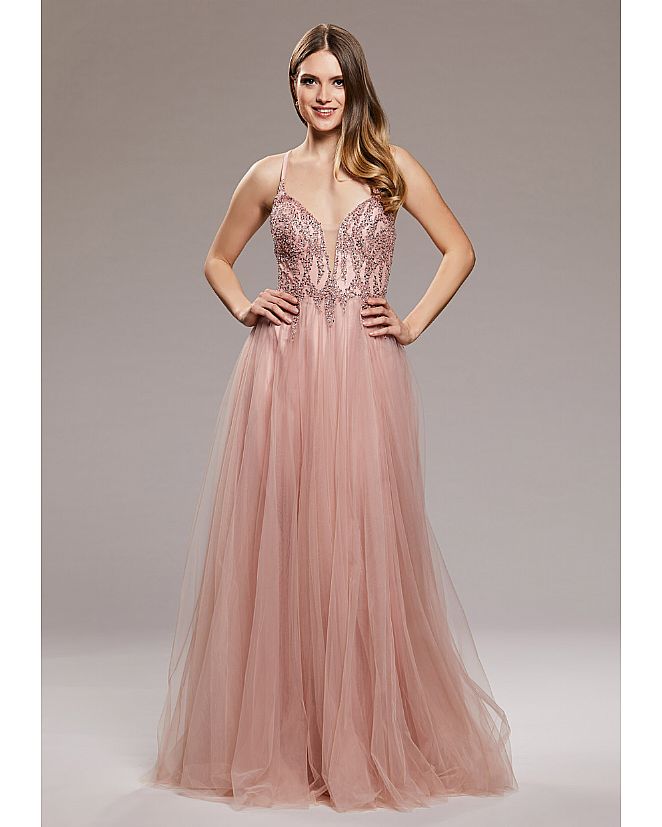 vestido largo estilo princesa bordado pedrería rosa nude  - Foto 3