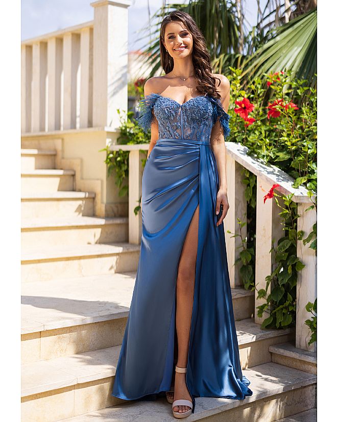 Producto: VESTIDO LARGO FANTASÍA PLUMAS AZUL CK