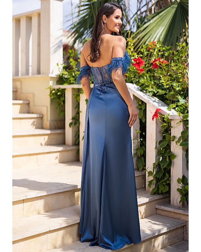 VESTIDO SATEN DRAPEADOS CON PLUMAS - Foto 1