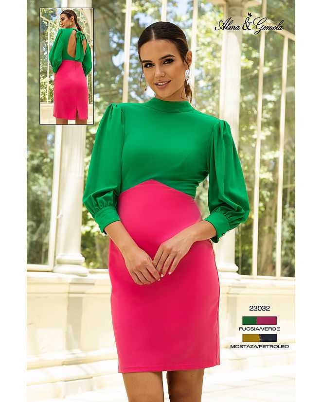 Producto: VESTIDO CORTO BICOLOR VERDE Y FUSCIA