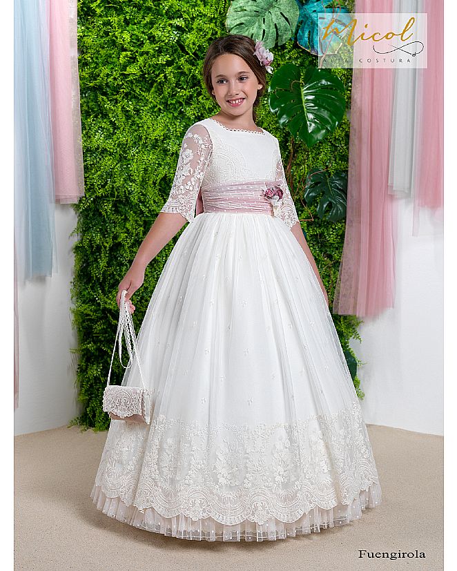 VESTIDO DESMONTABLE COMUNIÓN PLUMETI BORDADO CON LAZO EN ROSA EMPOLVADO. MANGA FRANCESA. 