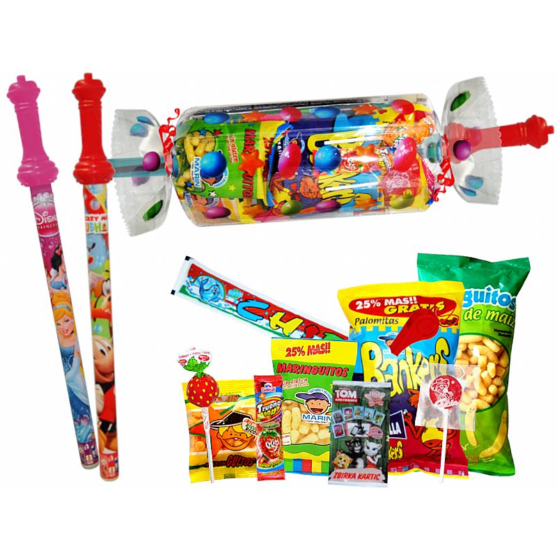 Bolsa caramelo M con golosinas + mega pompero vario (55 x 12 cm.)