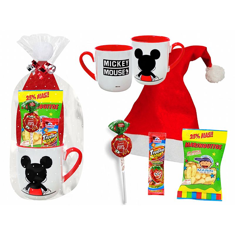 Taza de cerámica mickey con golosinas + gorro papa noel