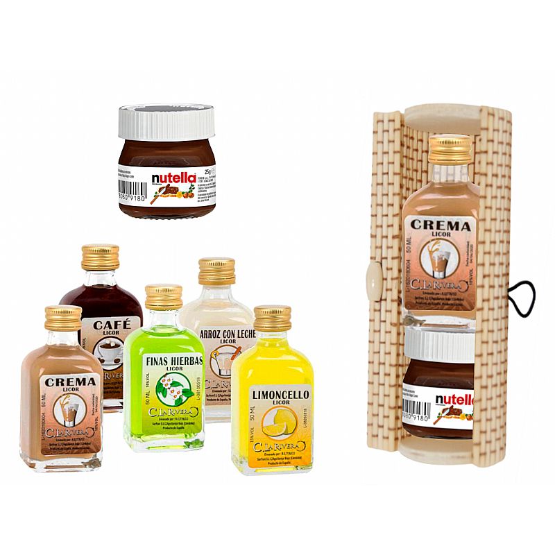 Licor frasca mini (5 cl.) + nutella (IP-0072) + caja de madera (8520)*