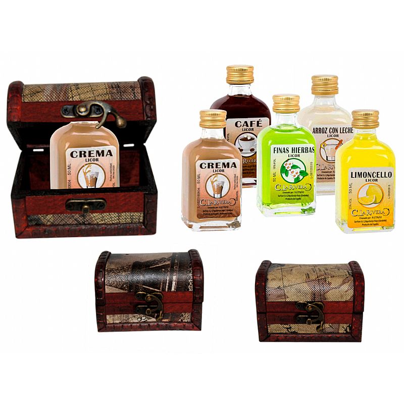 Licor frasca mini (5 cl.) + baúl de madera mapas (8087)*