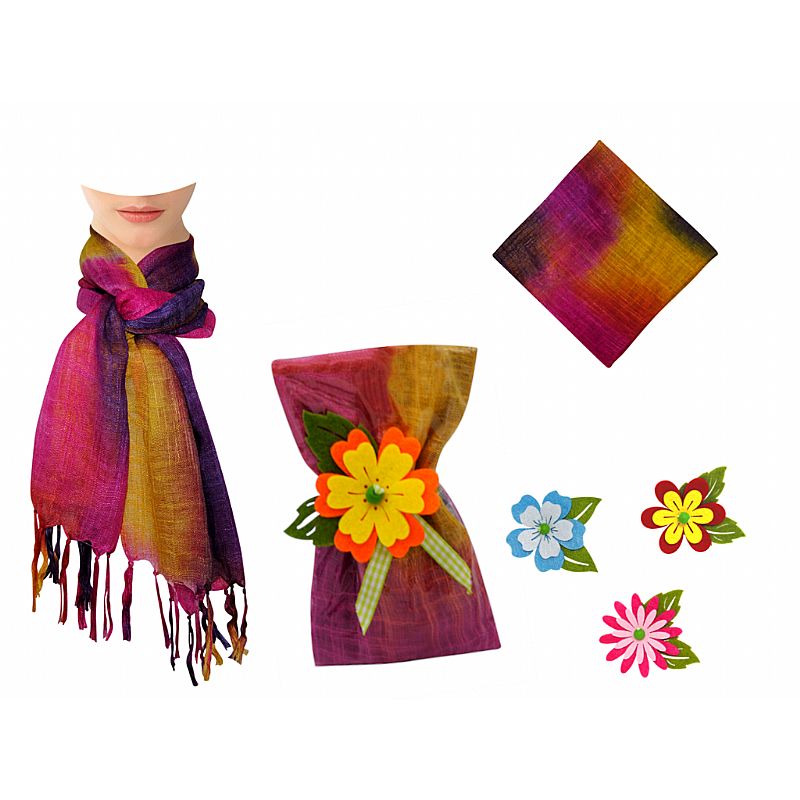 Pañuelo multicolor con flecos (120x34 cm.) + flor de fieltro (8500)*