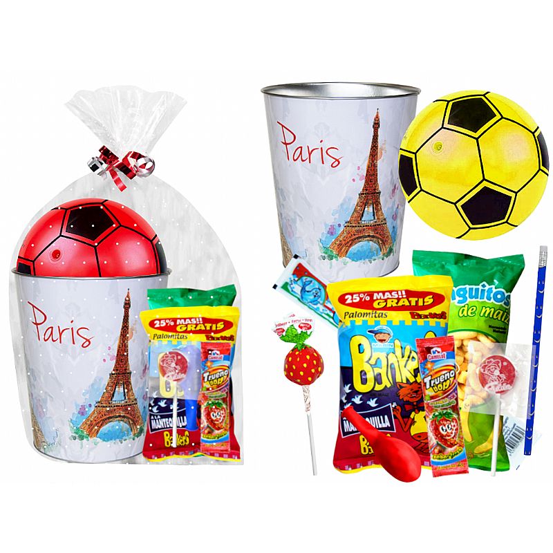 Papelera París con golosinas + balón pvc