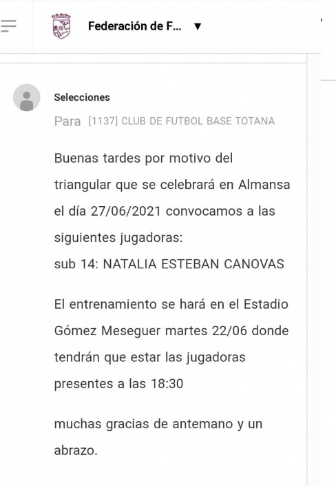 CONVOCADA NATALIA ESTEBA CON LA SELECION MURCIANA