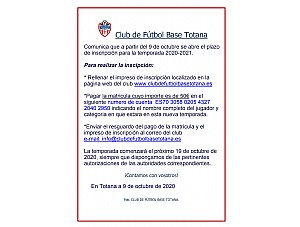 ABIERTO PLAZO INSCRIPCION TEMPORADA 2020-2021