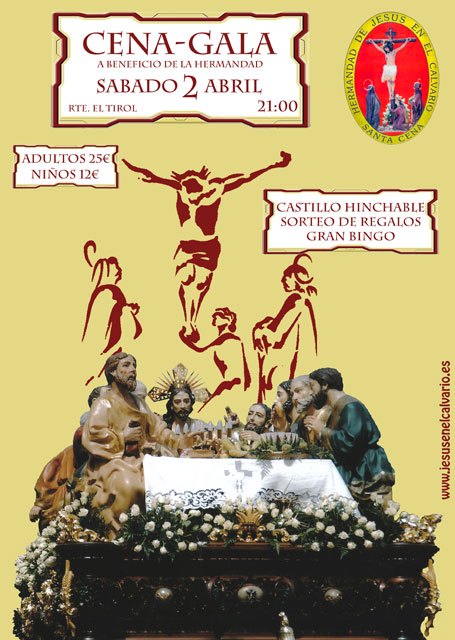La Hermandad de Jesús en el Calvario y Santa Cena organiza una cena-gala mañana sábado