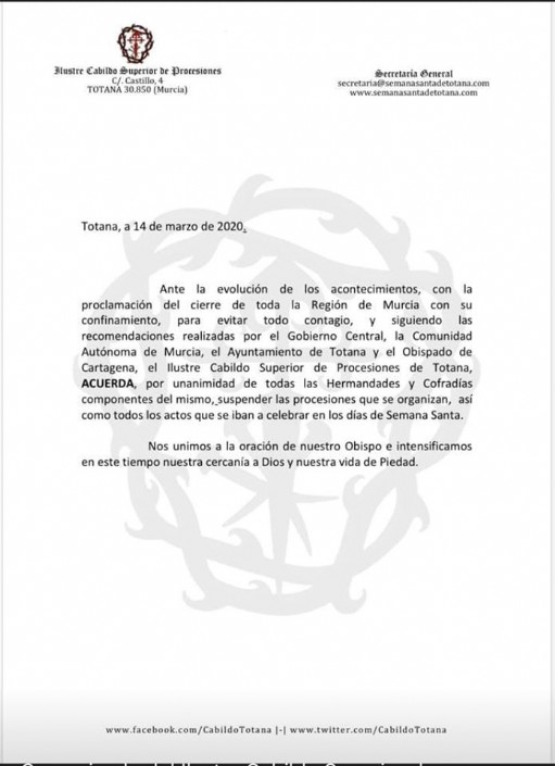 SE SUSPENDE LA SEMANA SANTA DE TOTANA DEL AÑO 2020 A CAUSA DEL CORONAVIRUS