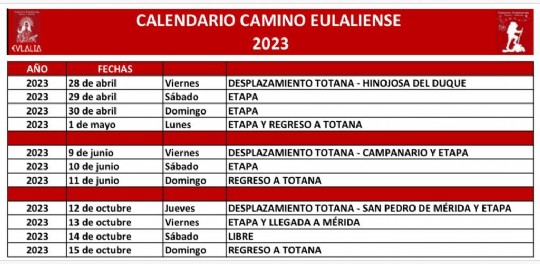 Calendario Camino Eulaliense 2023