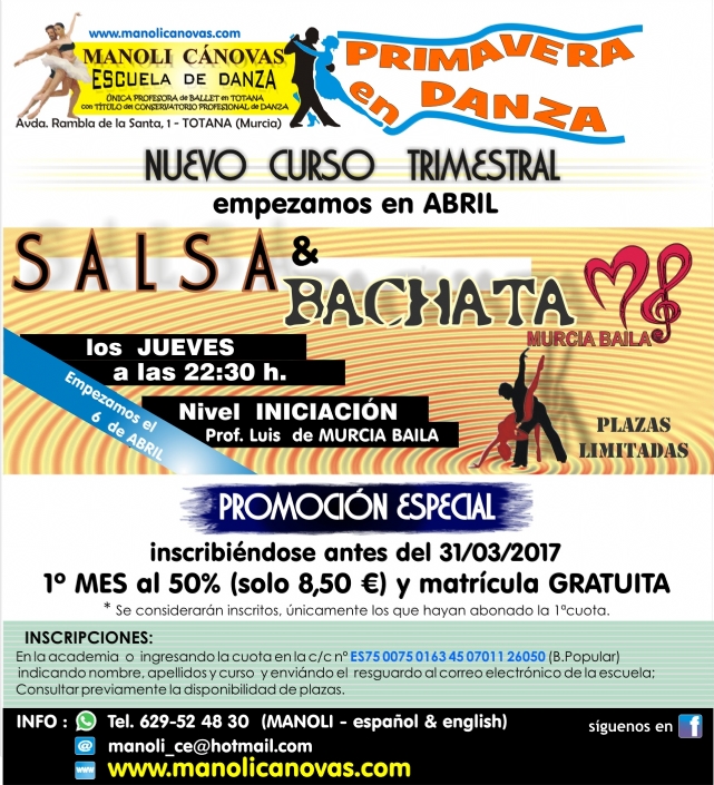 Salsa-bachata y sevillanas, los nuevos cursos que ofrece la Escuela de Danza Manoli Cánovas para el mes de abril