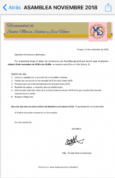 ASAMBLEA GENERAL Sábado 24 de Noviembre a las 18:00 en la Hdad.