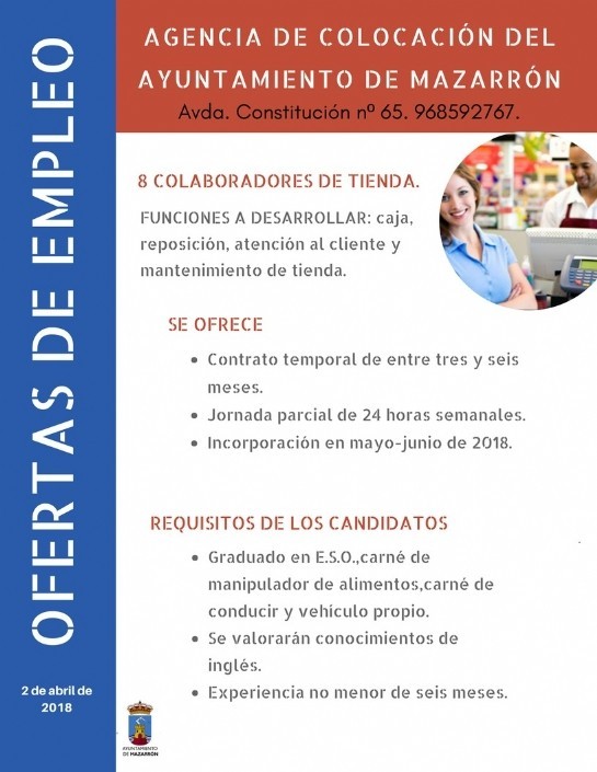 La Agencia de Empleo del Ayuntamiento de Mazarrón  notifica la existencia de 8 nuevas ofertas de empleo