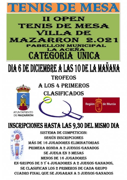 Este domingo se disputa el II Open Tenis de Mesa 'Villa de Mazarrón 2021'