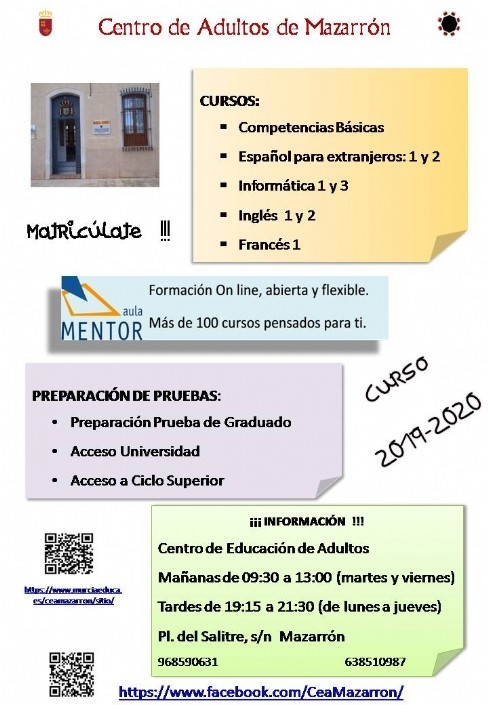 El Centro de Educación de Adultos de Mazarrón abre plazo de admisión  para el curso 2019-2020