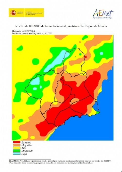 Nivel de riesgo de Incendios Forestales previsto para hoy sábado por Aemet Murcia