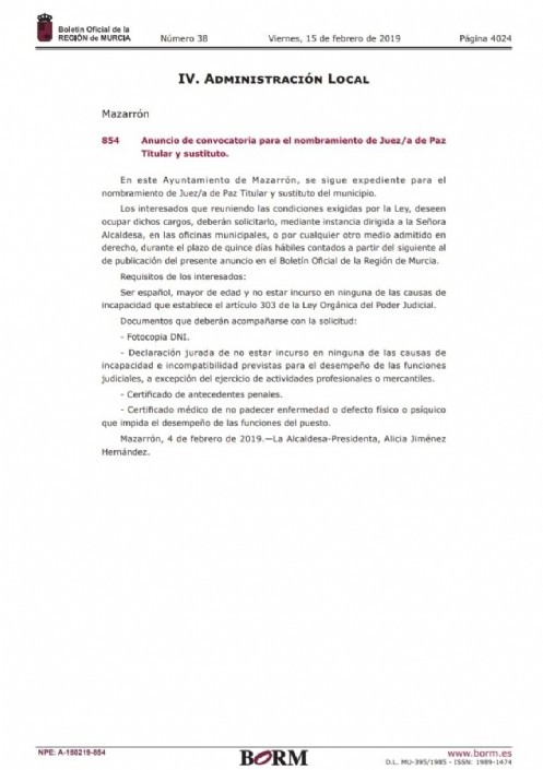 Anuncio de convocatoria para el nombramiento de Juez/a de Paz en Mazarrón