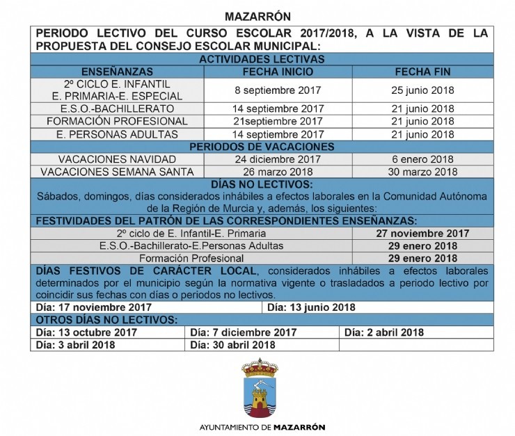 El inicio de los colegios en Mazarrón será el 8  de septiembre y finalizará el 25 de junio