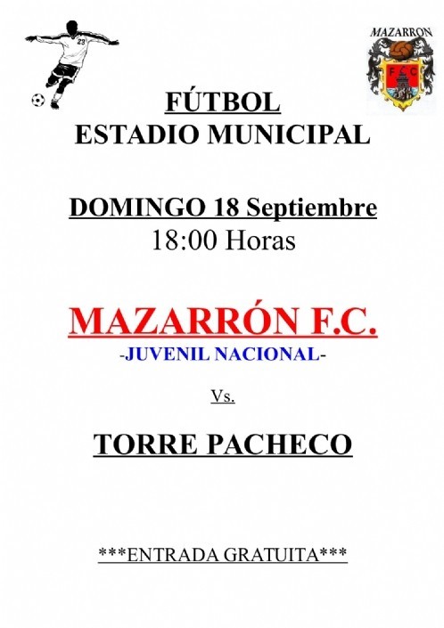 MAZARRON FC JUVENIL - TORRE PACHECO. DOMINGO 18 SEPTIEMBRE. 18:00 HORAS