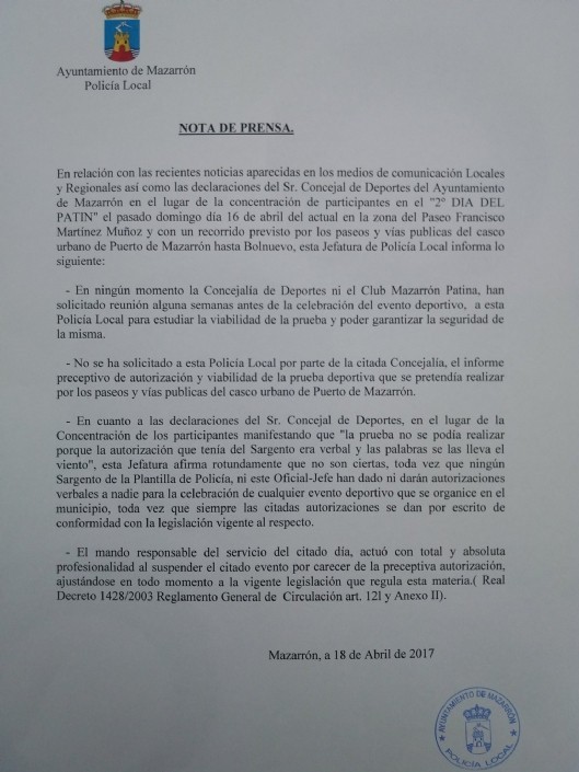 Comunicado de la Policía Local de Mazarrón, en relación a los hechos ocurridos durante la concentración del 