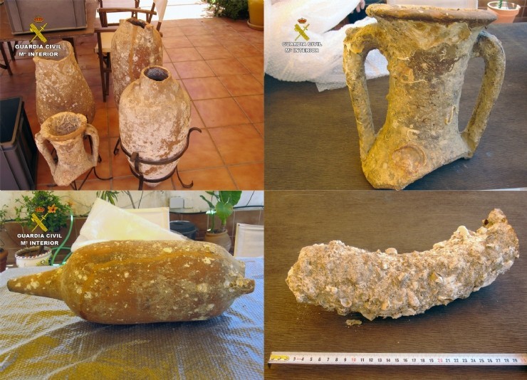 La Guardia Civil recupera cuatro ánforas romanas y un lingote de plomo en un domicilio de Cabo de Palos