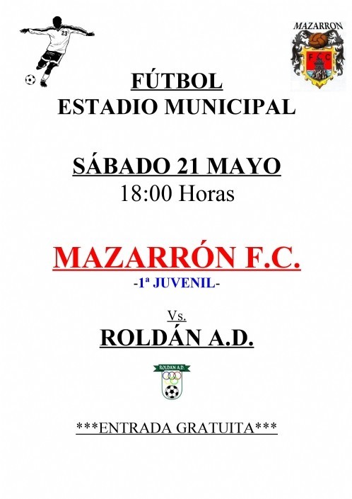 FUTBOL EN EL ESTADIO MUNICIPAL EL SABADO 21 DE MAYO A LAS 18 HORAS. MAZARRON FC 1ª JUVENIL
