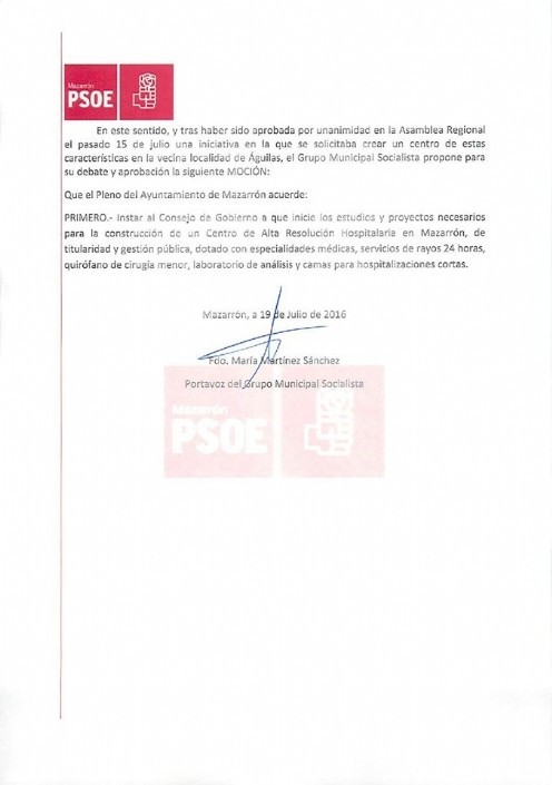 PSOE solicita en el Ayuntamiento un centro de alta resolución hospitalaria.