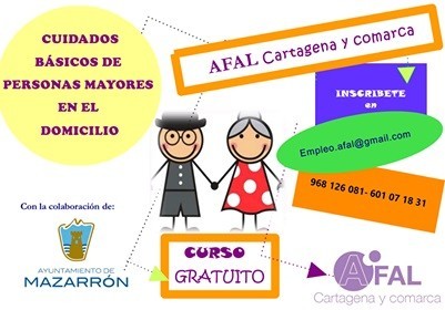 AFAL organiza en Mazarrón, un curso gratuito de cuidados básicos de personas mayores en el domicilio