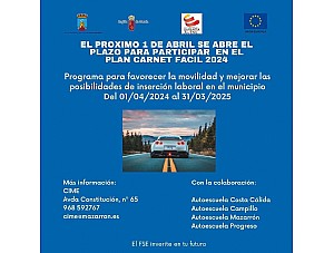 Abierto el plazo de inscripción en el plan carnet fácil para mejorar la empleabilidad en el municipio de Mazarrón