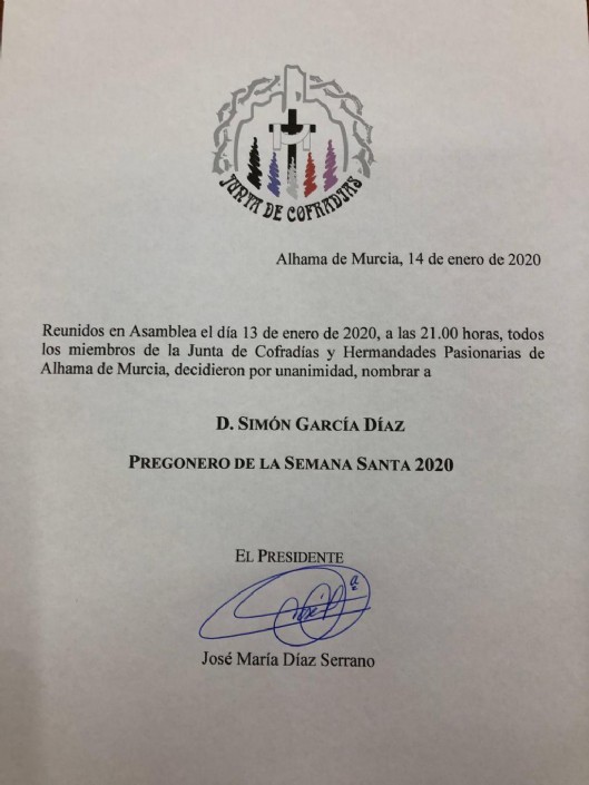 Simón García, elegido pregonero de la Semana Santa 2020