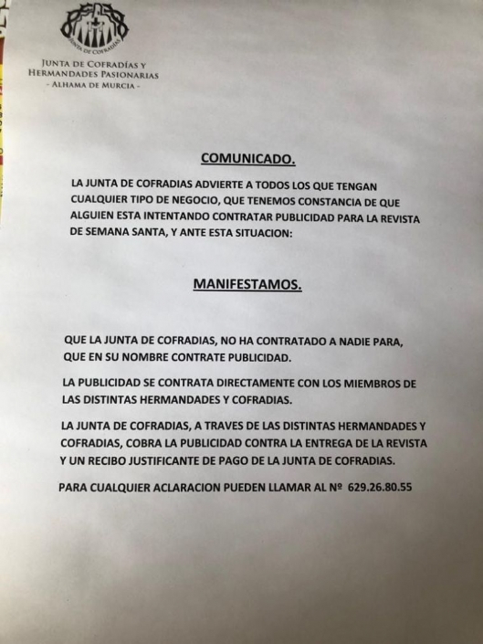 La Junta de Cofradías alerta de contratación irregular de publicidad