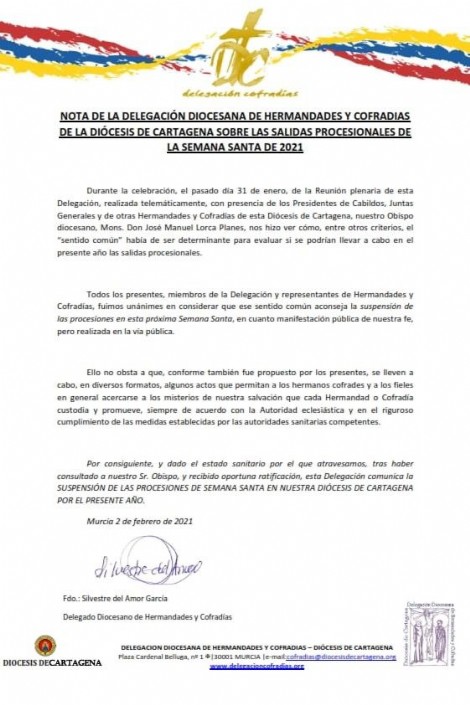 La Diócesis de Cartagena suspende las procesiones en la Región