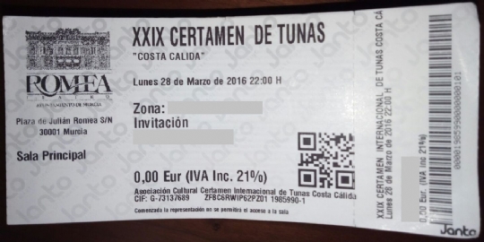 SORTEO DE 2 ENTRADAS PARA EL ACTO INAUGURAL DEL XXIX CERTAMEN INTERNACIONAL DE TUNAS COSTA CÁLIDA