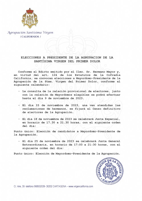 ELECCIONES A PRESIDENTE DE LA AGRUPACION DE LA SANTÍSIMA VIRGEN DEL PRIMER DOLOR