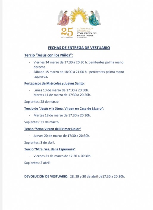 Fechas de entrega de vestuario y Campaña del Kilo