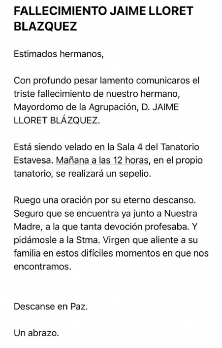Fallecimiento de D. Jaime Lloret Blázquez