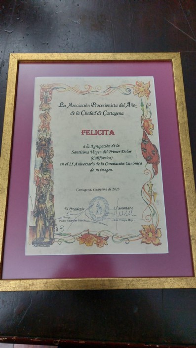 Reconocimiento por el XXV Aniversario de la Coronación Canónica de la Stma. Virgen del Primer Dolor