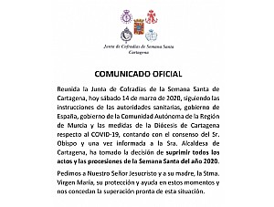 SUPRESIÓN DE LOS ACTOS Y PROCESIONES DE LA SEMANA SANTA DE 2020